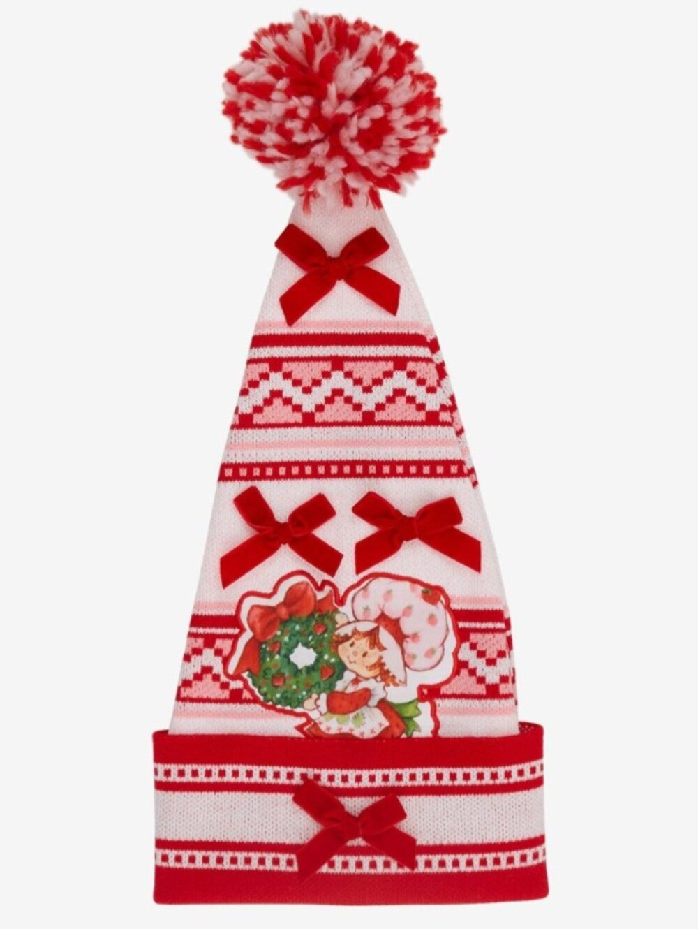 Strawberry Shortcake Fair Isle Red & Pink Holiday Hat With Pom Pom Knit Hat New!